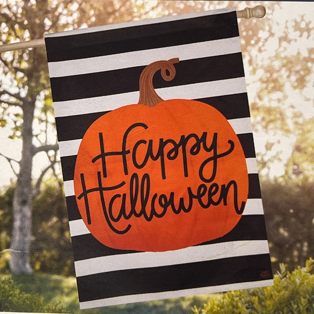 NEW Happy Halloween Striped Pumpkin House Flag - Orange and Black